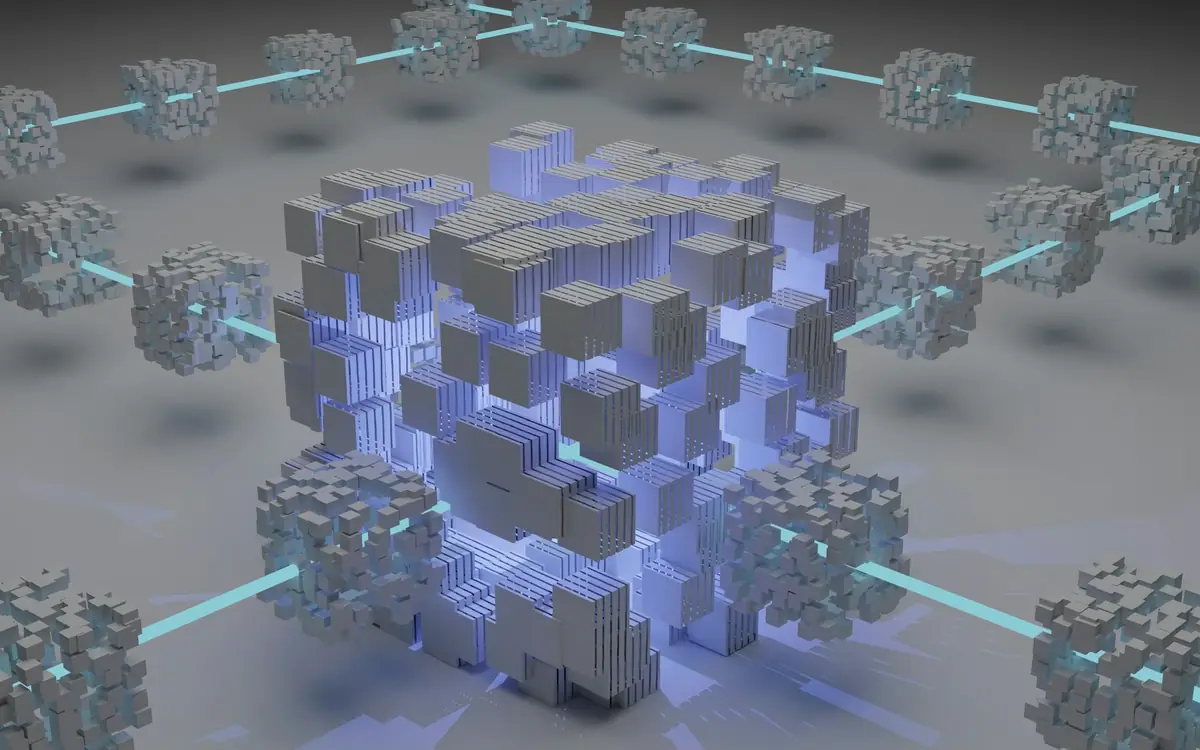 Connected 3D blocks representing a distributed, scalable cloud architecture